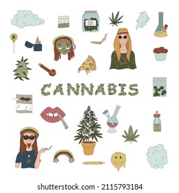 El concepto de marihuana. Elementos de cannabis. Bush, pizza, hippie, quequitos, carita sonriente y otros. Ilustraciones de vectores planos para impresiones de camisetas, carteles y otros usos.