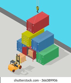 Concept marine cargo port. Unloading of sea cargo containers by a forklift. Closed containers and one outdoor. Isometric vector illustration.