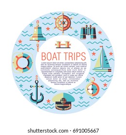 The concept of Maritime. Vector icons arranged in a circle.  Riding on a sailing yacht. Anchor, compass, binoculars, ship's wheel, ship bell, captain's cap, lifebuoy.