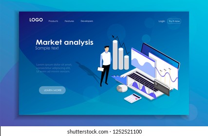 Concept market analysis. Analysis data and Investment. Business success.Financial review with laptop and infographic elements. 3d isometric flat design. Vector illustration.