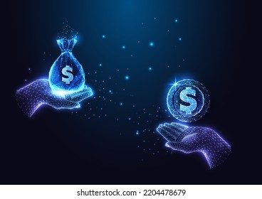 Concept of market exchange value, currency trading. Human hands holding money bag and single coin