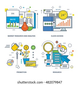 Concept of market research and analysis, 24 hrs clock access, promotion, research. Color Line icons collection.