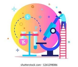 Concept of market research, marketing or other research activities. Character looks in a microscope at chemical flasks. Modern flat design background isolated, can be use for presentation, web, banner