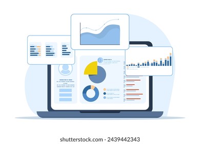 Concept of marketing analysis, market research, data charts, graphs and dashboards on laptop screen, SEO marketing advertising analysis, business analysis, financial reports and research.