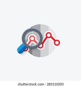 Concept of marketing data analytics. Magnifying glass with stock market graph figures. Flat design. vector Illustration.