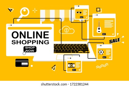 Concept Marketing and Digital marketing. Shopping Online on Website or computer desktop Application. vector illustration.