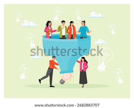 The concept of a marketing funnel or sales conversion. People in the sales and marketing funnel with satisfactory results.