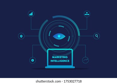Concept of Marketing intelligence, Marketing automation, Artificial intelligence on dark background vector illustration