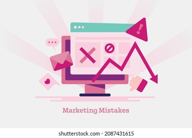 Concept of marketing mistakes, No strategy, No planning for digital marketing - flat design vector illustration with icons