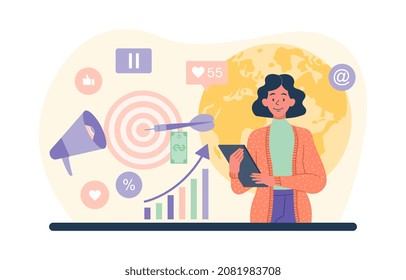 Concept of marketing. Person studies information to develop advertising proposal. Analytical department of company, development of brand popularity, content, seo. Cartoon vector illustration
