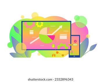 The concept of marketing research for the Internet. Charts on the monitor, growth and promotion. Vector illustration for marketing material.