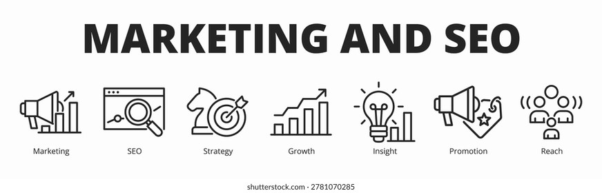 Concept of marketing and seo banner vector icon in outline style with icon of marketing, seo, strategy, growth, insight, promotion, and reach