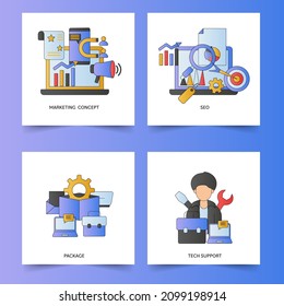 Concept Of Marketing, SEO, Package, Tech Support Based Poster Or Template Design For Advertising.