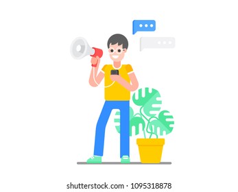 Concept of marketing and SEO promotion. Young positive man in glasses stands with a megaphone near speech clouds icons on white background. Vector illustration