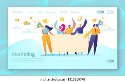 Concept of marketing team landing page. Team work with flat business people characters holding horizontal empty banner. Teamwork advertising concept , announcement, presentation. Marketing  concept. 