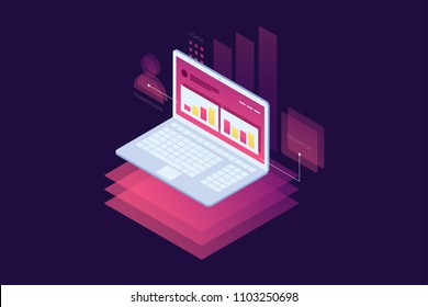 Concept of marketing techniques. Website and search engine optimization. Image of notebook with charts of successful business growth. Isometric vector illustration for web page, banner, presentation.