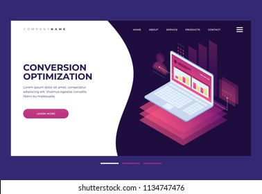 Concept of marketing techniques. Website and search engine optimization. Image of notebook with charts of successful business growth. Design template for Landing Page. Isometric vector illustration.