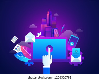 Concept of marketing techniques. Website and search engine optimization. Image of notebook with play button. Design template for Landing Page. Isometric vector illustration.