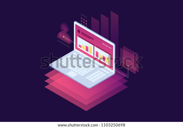 Concept of marketing techniques. Website\
and search engine optimization. Image of notebook with charts of\
successful business growth. Isometric vector illustration for web\
page, banner,\
presentation.