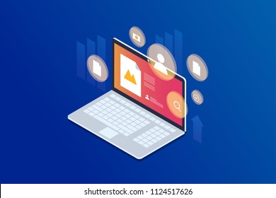 Concept of marketing technology. Optimization of website and search engines. Increasing conversion email, social media and content. Isometric vector illustration for web page, banner, presentation. 