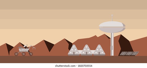 Concept of Mars colonization. Explorer settlement on Mars. Flat design vector illustration.