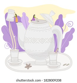 Concept of masala tea.India Tiny people working on a big pot of milk tea. Flat Vector Illustration.