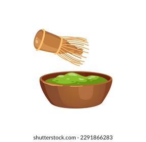 Concept Matcha cooking tools. The illustration depicts a collection of cooking tools with a matcha theme. The design is flat, vector, and cartoon-like, with a white background. Vector illustration.