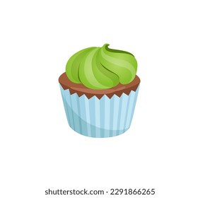 Concept Matcha cupcake. This flat vector illustration features a delicious-looking cartoon cupcake with matcha-flavored frosting and sprinkles, set against a white background. Vector illustration.