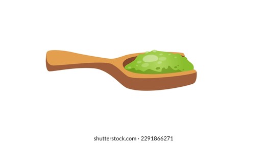 Concept Matcha spoon. The illustration features a flat vector design of a spoon with matcha powder on it, placed on a white background. Vector illustration.