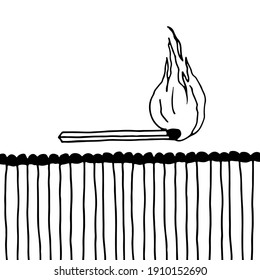 Concept of matches built in a row. A burning match above them. Drawn in doodle style by outline. Vector.