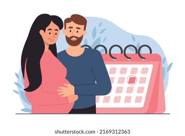 Concept of maternity. Man and pregnant woman hugging next to calendar. Future parents expecting baby. Happy family or young couple. Healthcare and doctor visits. Cartoon flat vector illustration