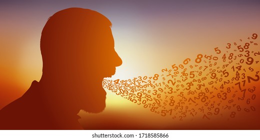 Concept of mathematical and physical sciences with a man who symbolically lets figures escape from his mouth.