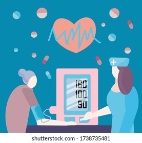 El concepto de presión de medición con un autónomo eléctrico. La enfermera mide la presión sanguínea de la anciana. Hipertensión. Ilustración vectorial.
