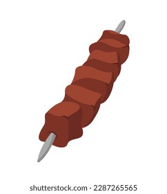 Concept Meat kebab. This illustration is a flat cartoon-style drawing of a kebab, a popular meat product consisting of grilled or roasted meat, vegetables on a skewer. Vector illustration.