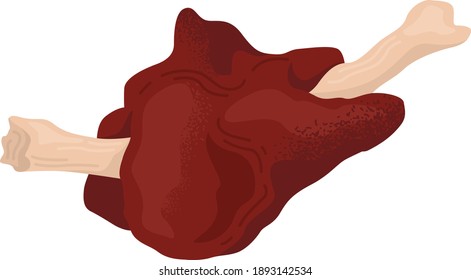 Concept meat on bone, barbecue beef flesh cooked on fire, well done bbq foodstuff flat vector illustration, icon isolated on white. Delicious food prepared coals, meat wild bird wildfowl.