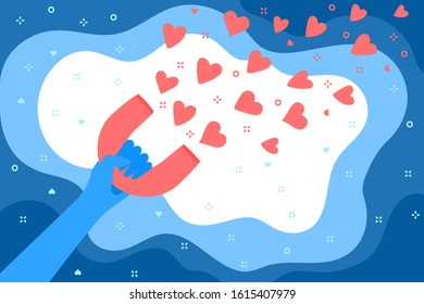 Concept of Media influence. Blue hand with magnet attracts hearts. Engaging followers in blue color. Flat design, vector illustration.