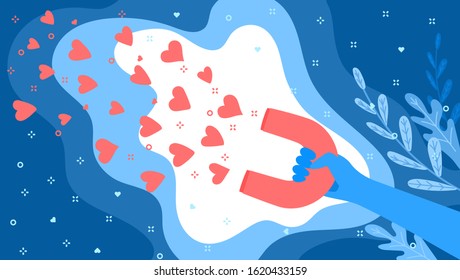 Concept of Media influence. Blue hand with magnet attracts hearts. Engaging followers in blue color. Flat design, vector illustration.
