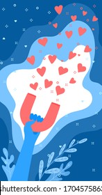 Concept of Media influence. Blue hand with magnet attracts hearts. Engaging followers in blue color. Flat design, vector illustration.