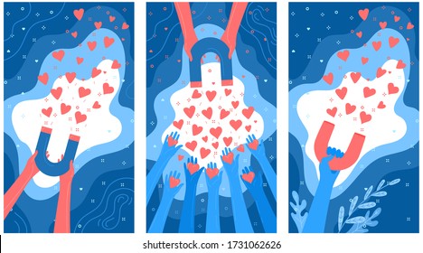 Concept of Media influence. Blue and red hands with magnet attracts hearts. Engaging followers in blue color. Flat design, vector illustration.