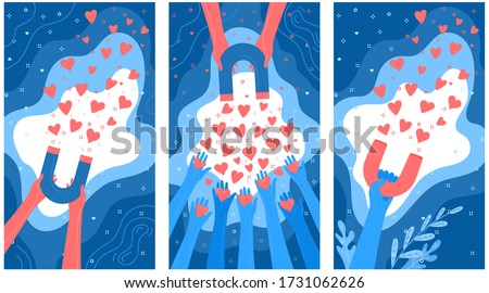 Concept of Media influence. Blue and red hands with magnet attracts hearts. Engaging followers in blue color. Flat design, vector illustration.