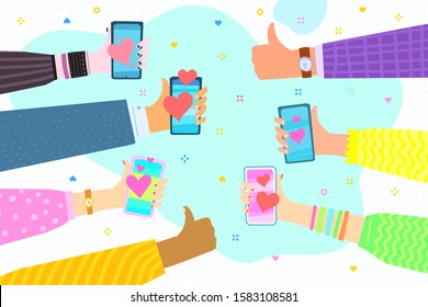 Concept of Media influence. Hands with hearts and symbol of like. Hands with thumb up. Flat design, vector illustration.