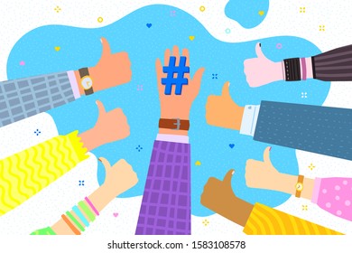 Concept of Media influence. Hands with symbol of like and man holding symbol of tag. Hands with thumb up. Flat design, vector illustration.