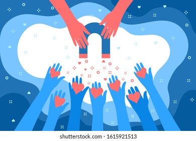 Concept of Media influence. Red hands with magnet attracts hearts from blue hands. Engaging followers in blue color. Flat design, vector illustration.