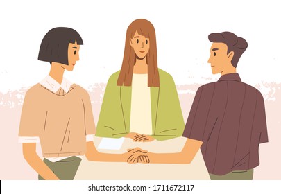 Concept of mediation. Man and woman sitting at desk, discussing problem, finding solution. Partners negotiation process with impartial arbitration. Vector illustration in flat cartoon style.