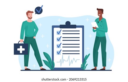 Concept of medical chekcup. Two specialists interview patient. Questionnaire for identifying disease. Doctors trying to find best way to treat, collecting information. Cartoon flat vector illustration