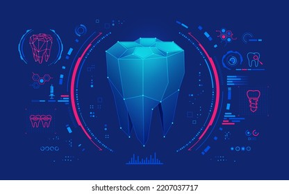 concept of medical dental technology, graphic of low poly tooth with medical element interface