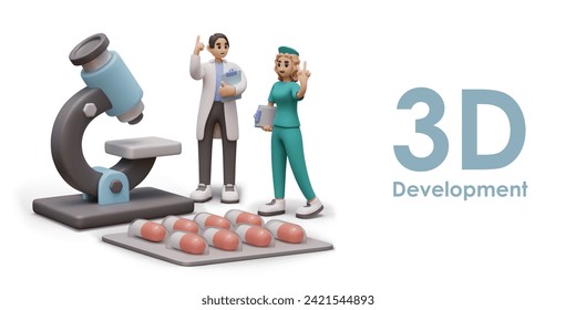 Concept of medical development. Man and woman in uniform with checklists standing near microscope