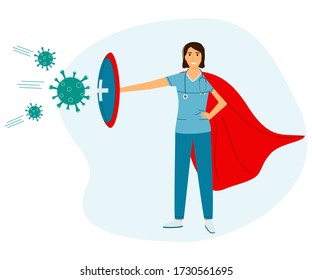 concept medical doctor fights against a pandemic virus. Doctor in a superhero cloak and a shield in her hand. Vector illustration in flat style