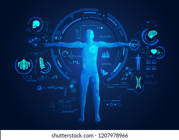 concept of medical or health care technology, shape of human with digital body analysis interface