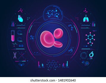 Concept Of Medical Health Care Technology, Blood Cells In 3D With Science Analysis Interface 